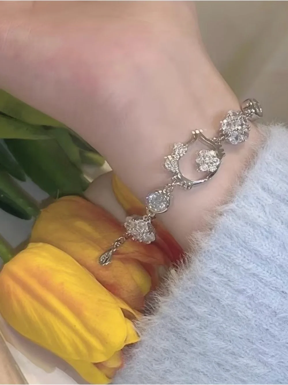 Hello Kitty Silver Tone Charm Bracelet with Sparkling Crystal Accents
